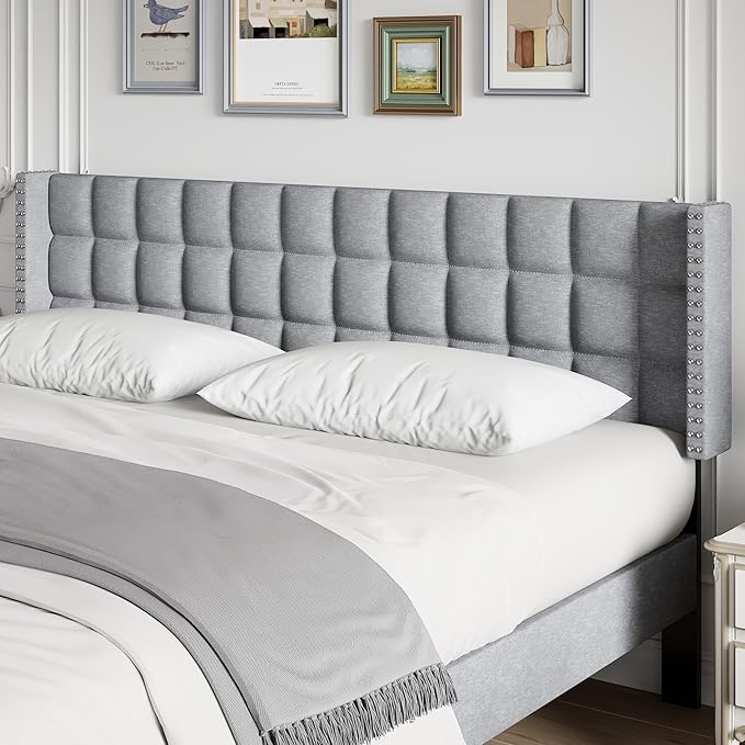 VECELO Headboard King Size, Linen Upholstered Headboards Only with Nailhead Trim Wingback, Square Stitched Design, Adjustable Height from 40" to 49.8", Light Grey-Ruum Studio Home