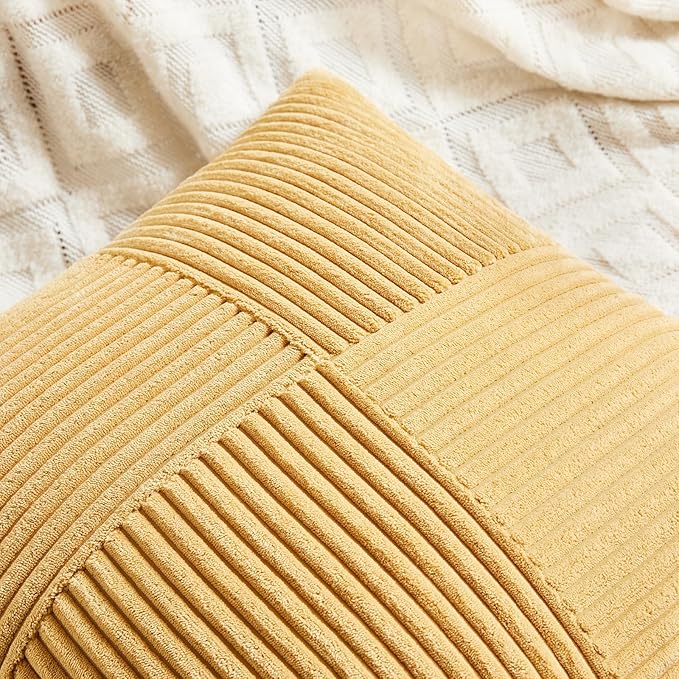 Fancy Homi 2 Packs Gold Yellow Lumbar Decorative Throw Pillow Covers 14x24 Inch for Couch Bed Sofa, Rustic Farmhouse Boho Spring Home Decor, Soft Striped Corduroy Rectangle Accent Cushion Case 35x60cm-Ruum Studio Home