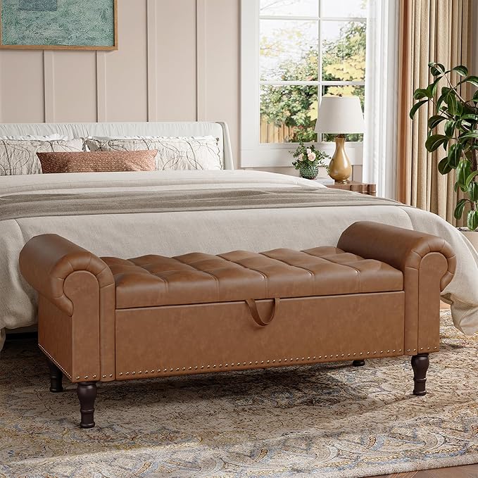 51" Storage Ottoman Bench for Bedroom, Full Queen Storage Bench with Button, Upholstered Bedroom Bench with Rolled Arms for Living Room, Storage Room, Entryway, Brown-Ruum Studio Home