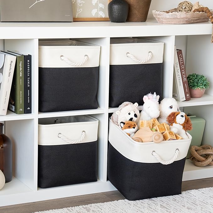 OrganiHaus 12x12 Cube Storage Bins 4 Pack, Foldable Cube Storage Organizer w/ Rope Handles, Collapsible Fabric Bins for Toys, Clothes & Closet Organization, Fabric Square Baskets - Black/White-Ruum Studio Home