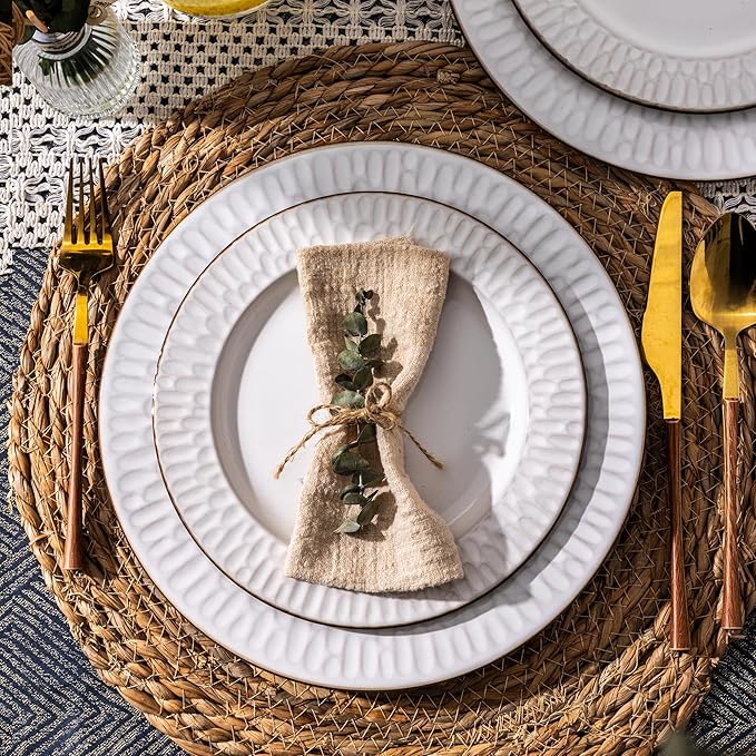GBHOME Ceramic Dinnerware Sets,12 pcs Embossed Elegant Stoneware Plates and Bowls Sets, Housewarming Wedding Gift | Dishwasher & Microwave Safe | Dishes Set Service for 4-Ruum Studio Home
