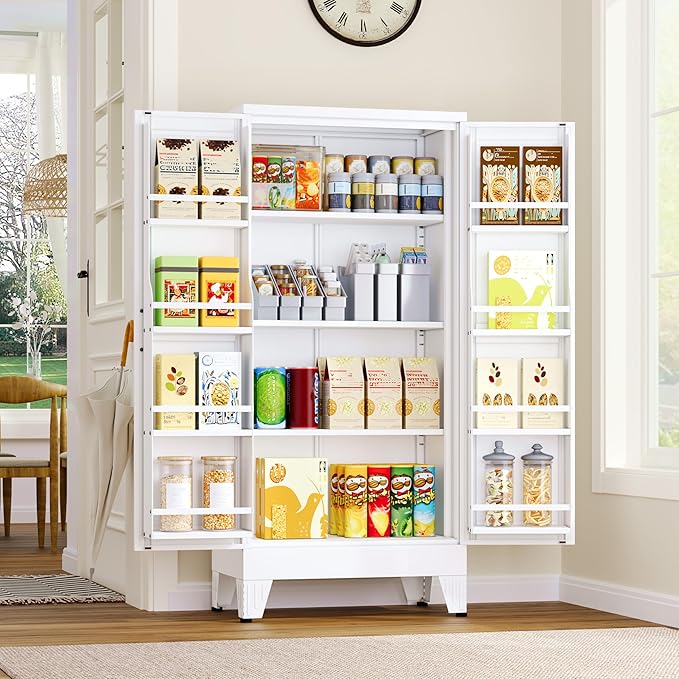 51" Metal Kitchen Pantry Cabinet, Storage Cabinets with 2 Door and 3 Adjustable Shelves, White Freestanding Food Storage Cabinet, Steel Cupboard for Kitchen Dinning Room-Ruum Studio Home
