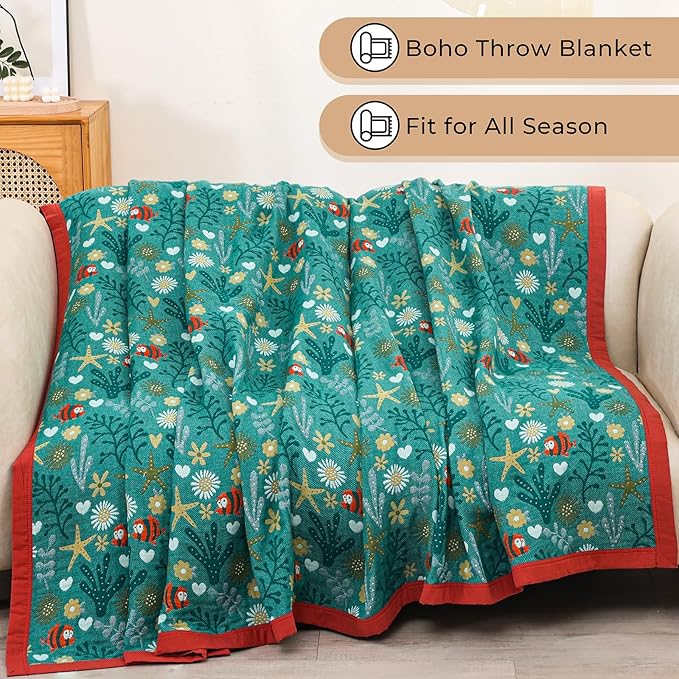 Boho Throw Blanket, 100% Organic Cotton Skin-Friendly Breathable Ultra Soft Bed Quilt Throw - All Season Blue & Red FishFarmhouse Decor Blanket for Sofa Couch Chair and Gift. 60" x 80"-Ruum Studio Home