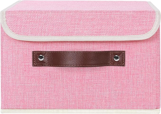 ANMINY Storage Bin with Lid Storage Boxes with PU Leather Handles PP Plastic Board Decorative Foldable Lidded Cotton Linen Fabric Home Cubes Baskets Closet Organizer Container - Pink, Small Size-Ruum Studio Home
