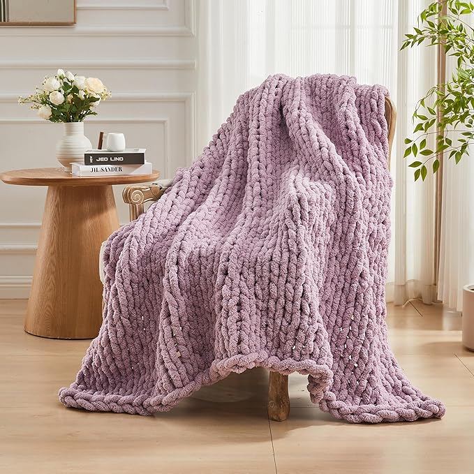 Carriediosa Chunky Knit Throw Blanket 60" X 80" Twin, 100% Hand Made Large Chenille Loop Yarn Soft Fluffy Throws for Couch Sofa Bed, Big Crochet Cozy Heavy Thick Cable Woven Blankets, Purple-Ruum Studio Home