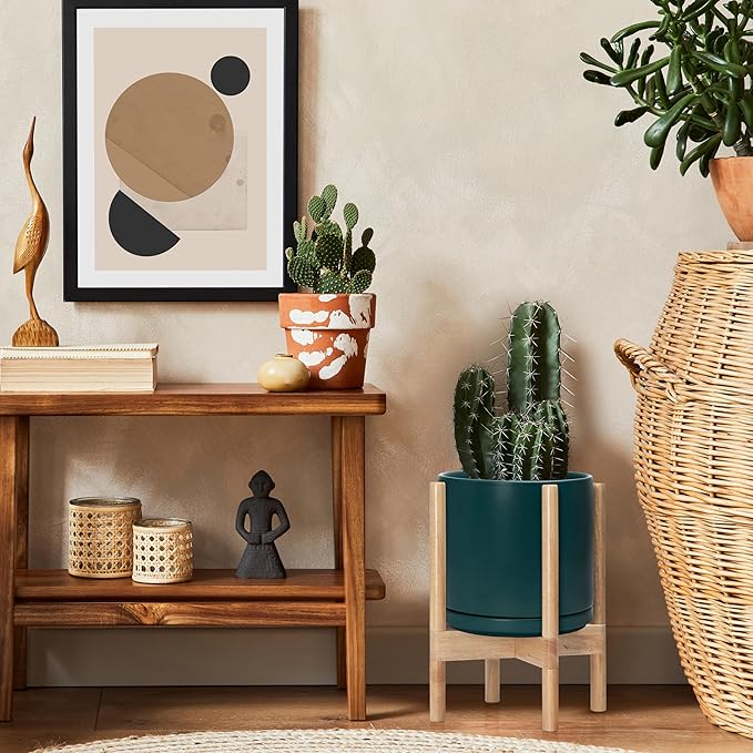 D'vine Dev Ceramic Planter with Natural Stand - 10 Inch Modern Round Flower Pot with Wood Planter Holder, Teal, 55-B-K-4-Ruum Studio Home