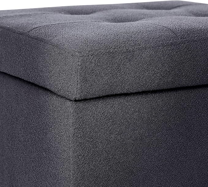 Adeco Fabric Storage Ottoman Bench with Solid Wood Legs, 17.7" Square Dark Grey Cotton Linen Cube Foot Stool, Upholstered Button Tufted Vanity Chair with Hinged Lid for Living Room, Bedroom, Dorm-Ruum Studio Home