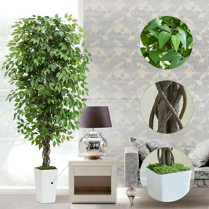 Artificial Ficus Tree 6FT Faux Plants Indoor Tall Fake Plants with White Planter, Green Lifelike Lush Fake Ficus Tree for Home Living Room Bedroom Outdoor Balcony House Office Decor-Ruum Studio Home