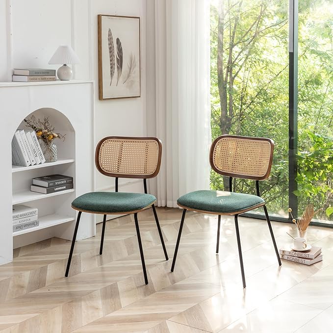 Rattan Dining Chairs Set of 4, Mid Century Modern Dining Chairs with Cane Back for Kitchen Dining Room, 19 Inch Fabric Green-Ruum Studio Home