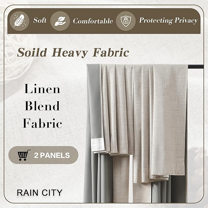 RAIN CITY Linen Beige Linen Blackout Curtains 96 Inches Long 8 FT Tall 2 Panels, Modern Decorative Sound/Draft/Cold/Warm Blocking Heavy Thermal Rustic Country Curtains for Living Room 50x96-in-Ruum Studio Home