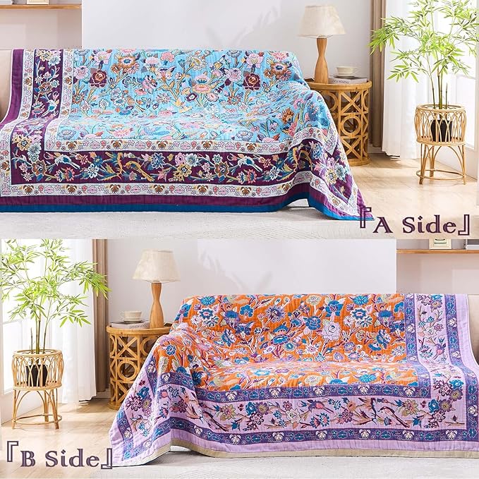 Fall Blanket for Bed, 100% Cotton Soft Rustic Boho Throw Blanket Quilt, 90"x98" Farmhouse Decor Bed Flower Blankets, Light Weight Reversible Bohemian Throw Quilt-Ruum Studio Home