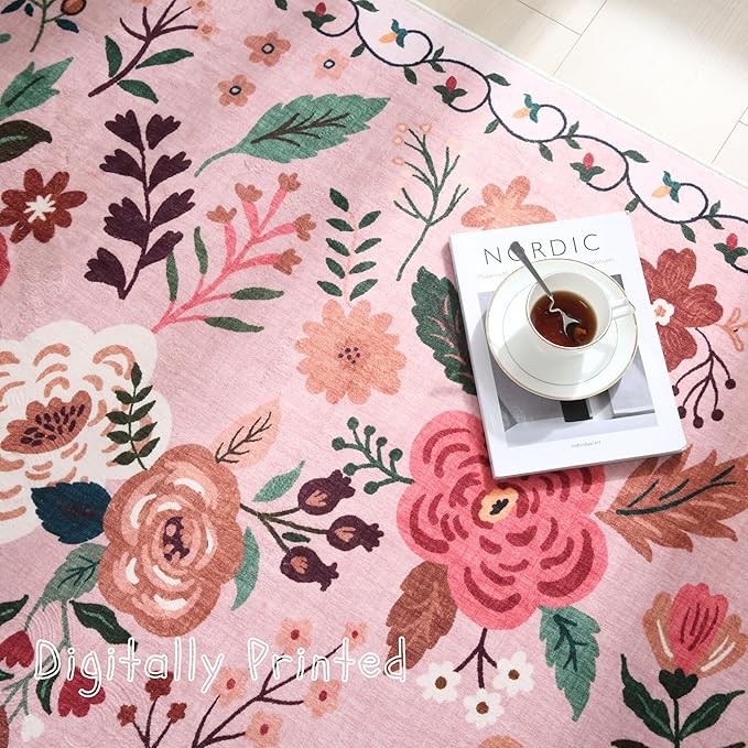 Round Rug 6ft Washable Circle Rug Non Slip Low Pile Boho Floral Small Circular Rug for Bedroom, Bathroom, Entryway, Kids Room, Office, College Dorm(Pink)-Ruum Studio Home