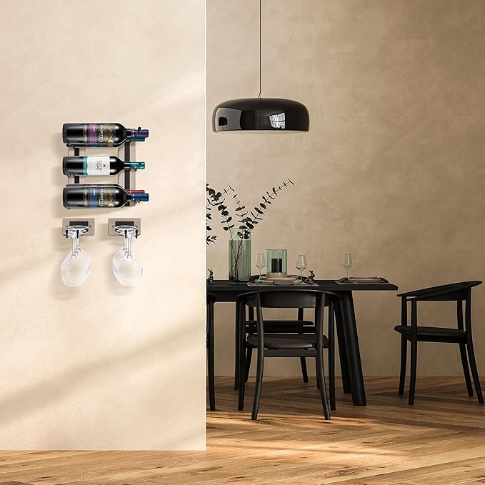 Sorbus Wall Mounted Wine Glass Stemware Rack Set - Wire & Wood Wine Rack Wall Mounted for Wine Glasses, Champagne Glasses, and Drinkware - Complete Your Home Bar & Kitchen Storage, Grey-Ruum Studio Home
