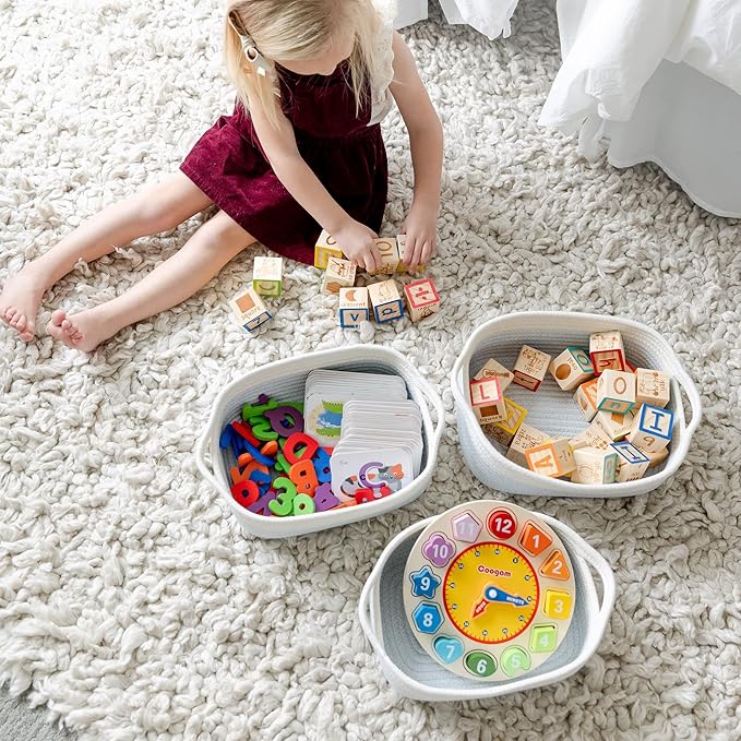 NaturalCozy 5-Piece Rectangle Storage Basket Set- Natural Cotton Rope Woven Baskets for Organizing! Small Basket for Montessori, Baby Nursery, Dog Toy Baskets, Cat Toy Box, Bathroom Organization Bin-Ruum Studio Home