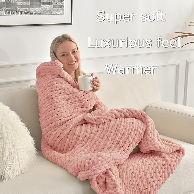 Maetoow Tighter Version Chenille Chunky Knit Blanket Throw 40×50 Inch, Handmade Warm & Cozy Blanket Couch, Bed, Home Decor, Soft Fleece Banket, Boho Thick Blankets and Giant Yarn Throws，Rose Pink-Ruum Studio Home
