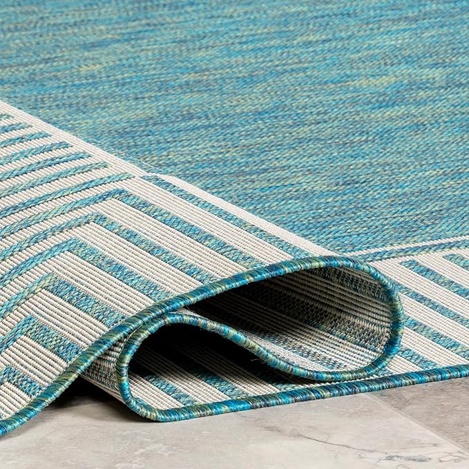 nuLOOM 5' x 8' Outdoor Area Rug, Casual Design With Striped Border, Stain Resistant, Highly Durable, For Patio, Balcony, Bedroom, Living Room, Dining Room, Bathroom, Teal-Ruum Studio Home