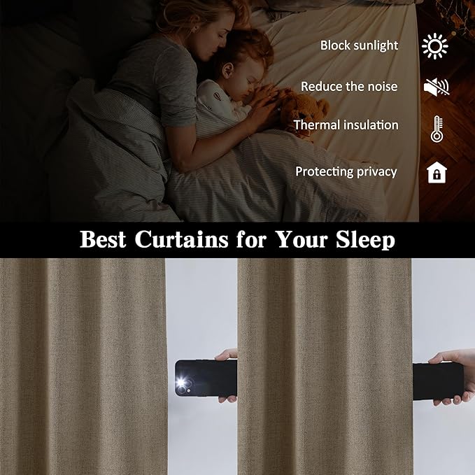 RAIN CITY Extra Wide Blackout Curtains 2 Panels Set,70 Inch Wide Back Tab Pleated Curtains with Hooks Track System,Energy Efficinet Drapes for Dining Room Hoom Office 70x108 in Length,Linen Brown-Ruum Studio Home