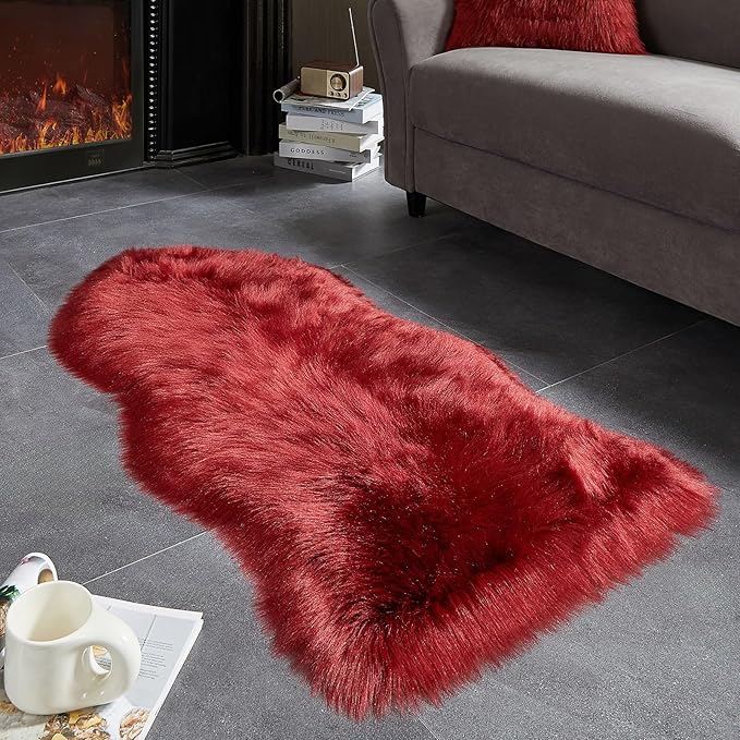 AMTOVO Faux Fur Rug, Burgundy Area Rug, Fluffy Sheepskin Rug, Fuzzy Ultra Soft 2 x 4 ft Shag Rugs for Bedroom Sofa Throw Cushion Room Decor, Sheepskin-Ruum Studio Home