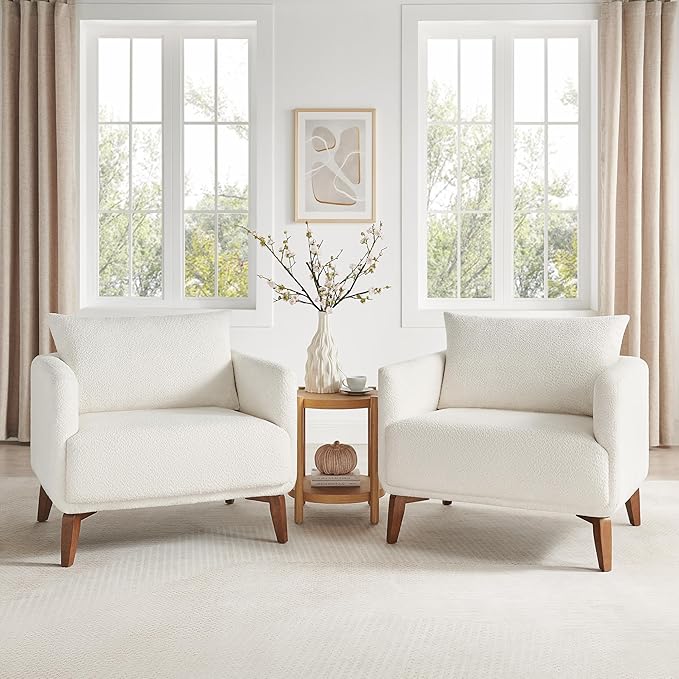 Oversized Accent Chair Modern Boucle Armchair for Living Room Sets of 2, 37" Wide & Cozy Reading Chair with Solid Wood Legs, White Upholstered Lounge for Bedroom & Office, (Easy Assembly)-Ruum Studio Home