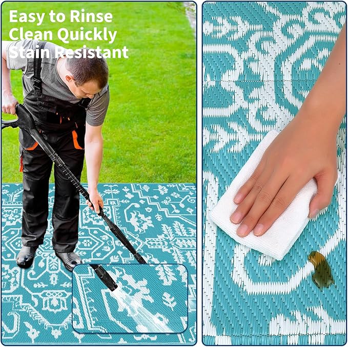 Outdoor Rug 8x10 Waterproof Reversible Plastic Straw Mat, UV-Resistant Vintage Medallion Camping Carpet for Patio, Deck, Balcony, Picnic, Large Outside Floor Mat, Light Blue/White-Ruum Studio Home