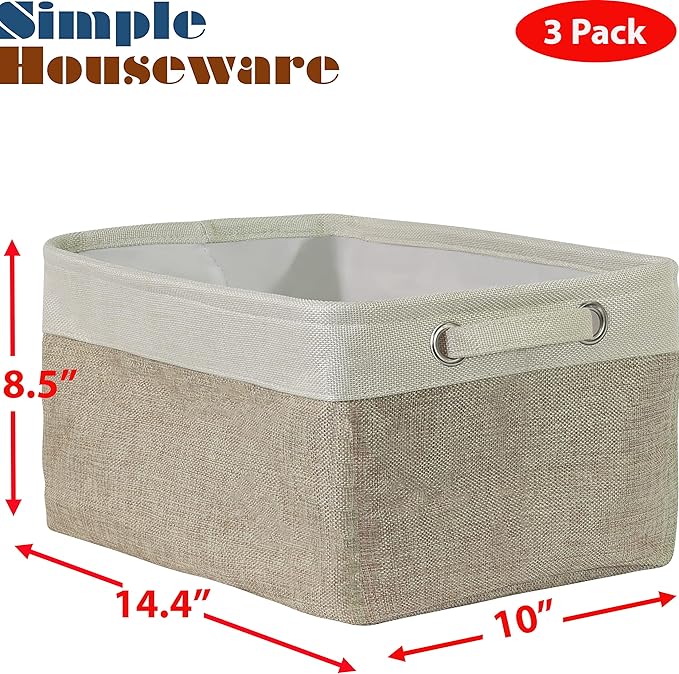 SIMPLE HOUSEWARE Large Fabric Storage Bin, 14.4" x 10" with Handles, 3-Pack, Foldable Organizer for Closet and Shelf, Beige-Ruum Studio Home