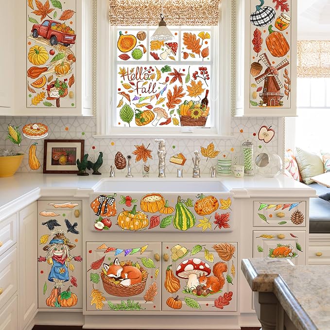 Fall Window Clings Decorations - Leaves Pumpkin Scarecrow Autumn Clings for Glass Windows, Double Sided Reusable Window Stickers, Cute Large Thanksgiving Harvest Window Decals-184 PCS/9 Sheet-Ruum Studio Home