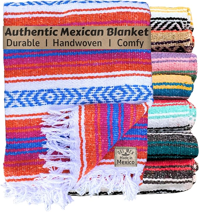 Del Mex Classic Mexican Blanket, Large Authentic Woven Falsa Throw (70"x50"), Artisan Southwest Décor for Beach, Yoga, Outdoors (Orange/Pink/Blue)-Ruum Studio Home