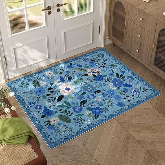 Door Mat Indoor Entrance 2x3 Rug Machine Washable Boho Floral Small Area Rug Non-Slip Low Pile Throw Rugs for Entryway, Kitchen, Front Door Indoor Entrance, Entry, Kids Room (Blue)-Ruum Studio Home