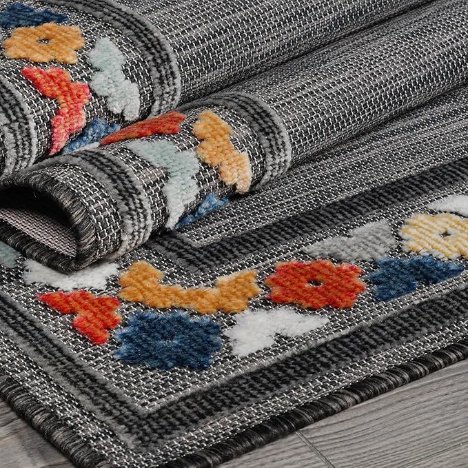 Beverly Rug Outdoor Rug 6x9 Modern Bordered Area Rugs for Indoor and Outdoor Patio Easy to Clean Non Shedding Living Room Porch Garden Washable Outside Carpet (6 x 9 Dark Gray)-Ruum Studio Home