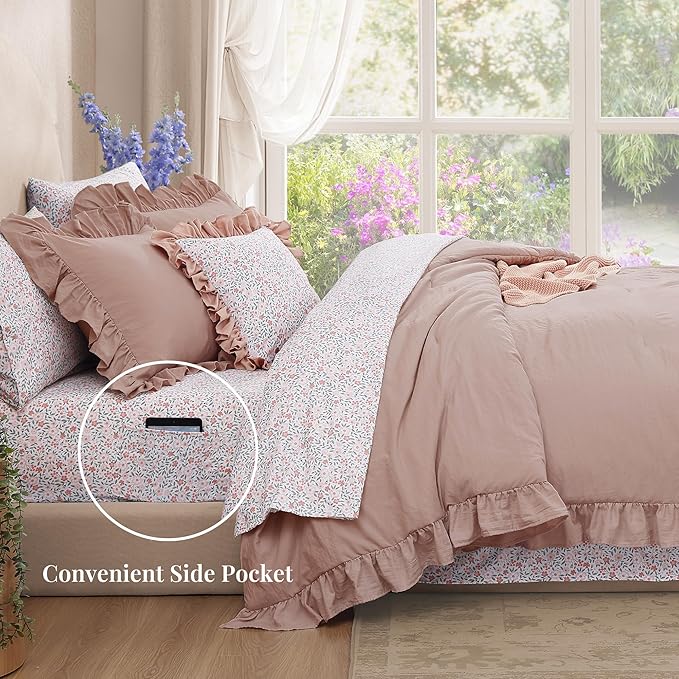 King Comforter Set - 7 Pieces Ruffle Pink Bedding Sets, Shabby Chic Farmhouse Bed in a Bag King with Ruffle Comforter, Floral Sheets, Pillowcases & Shams-Ruum Studio Home