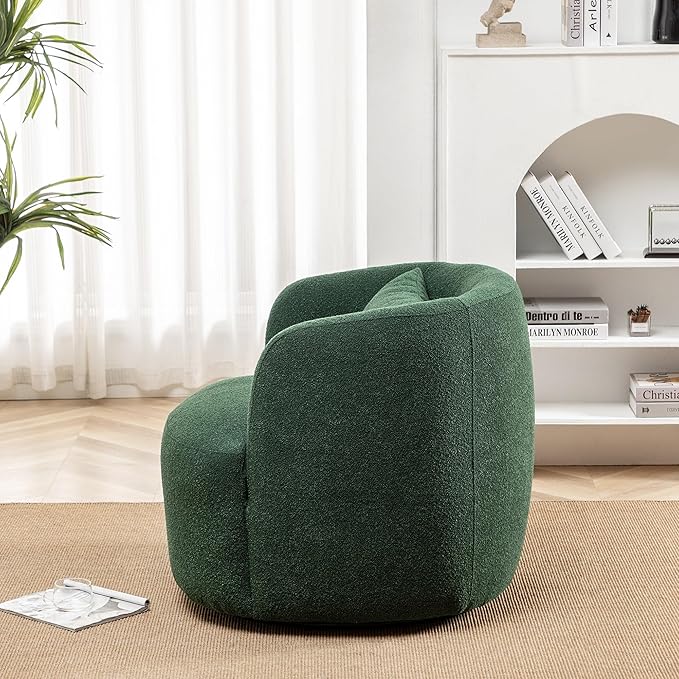 KINWELL 34" Wide Boucle Swivel Barrel Chair, No Assembly Round Upholstered Armchair Accent Chair Single Sofa Chair with Toss Pillow for Living Room and Bedroom, Green-Ruum Studio Home