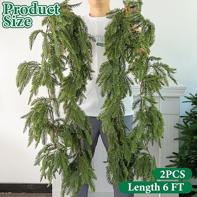 Watayo 2 Pcs Christmas Norfolk Pine Garland, 6 Ft 3 Fork Dense Real Touch Pine Garland Ornament, Realistic Artificial Pines Greenery Garlands for Christmas Holiday Mantle Fireplace Table Home Decor-Ruum Studio Home