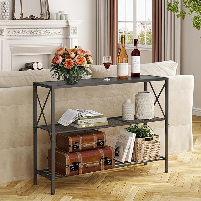 Hoctieon Industrial Console Table, 3 Tier Entryway Table, Hallway Table, Narrow Sofa Table with Shelves, Entrance Table for Entryway, Living Room, Foyer, Hallway, Office, Black-Ruum Studio Home