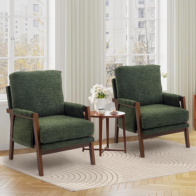 Modern Accent Chairs Set of 2 for Living Room Mid Century Arm Chairs Upholstered Bedroom Chairs Comfy Lounge Chairs with Solid Wood Frame, Green-Ruum Studio Home