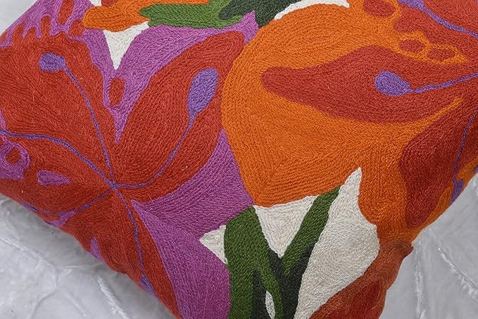 Floral Bloom Pillow Cover | Suzani Accent Pillowcase | Flower Accent Cushions | Hand Embroidered Wool Cushion - 18x18-Ruum Studio Home