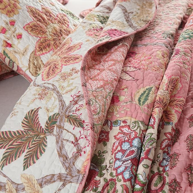 NEWLAKE Cotton Patchwork Bedspread, 3-Piece Bedding Quilt Set with Real Stitched Embroidery, Reversible Matelasse Bed Coverlet Set,Bohemian Floral,California King Size-Ruum Studio Home