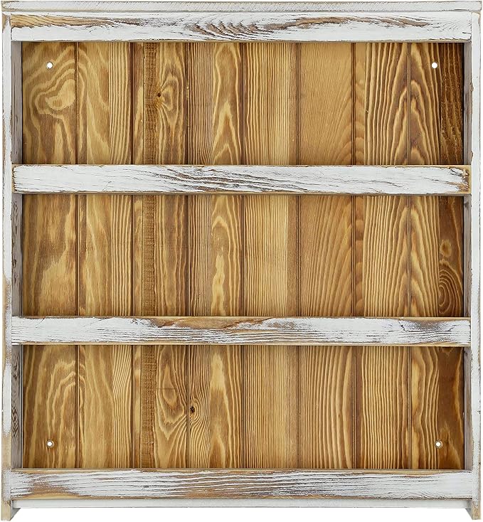 MyGift 3 Tier Wall Mounted Spice Rack, Shabby White Washed and Rustic Natural Burnt Solid Wood Kitchen Pantry Storage Shelf for Seasoning Jars or Condiment Bottles-Ruum Studio Home