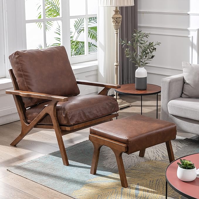chairus Mid-Century Modern Accent Chair with Ottoman, Faux Leather Armchair with Wood Legs Comfy Upholstered Single Sofa Chair for Living Room/Bedroom/Lounge, Brown-Ruum Studio Home