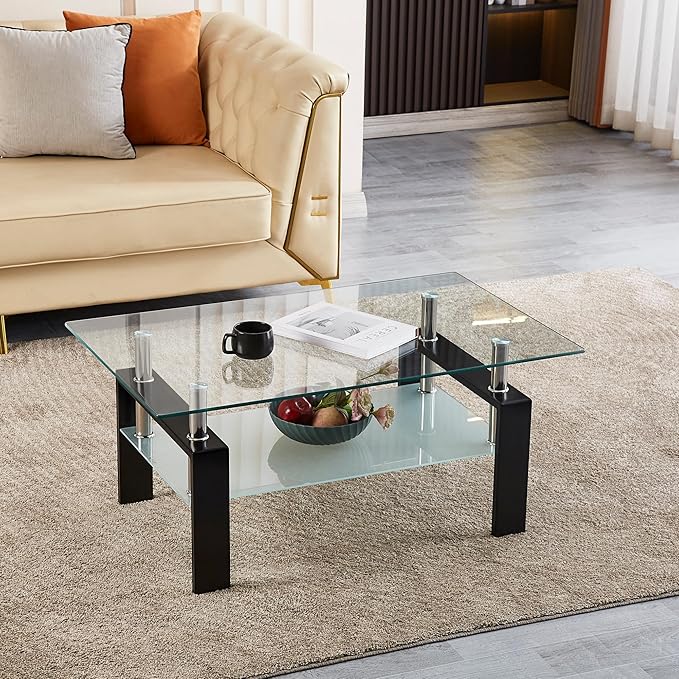 Glass Coffee Table for Living Room, 2 Layer Center Table with Clear Rectangle Tempered Glass Top Black Metal Leg, Mordern Home Office Furniture-Ruum Studio Home