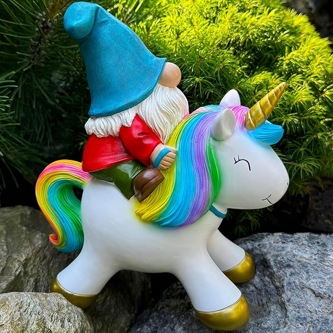 Mood Lab Garden Gnome Statue - Garden Gnome Riding Unicorn - 8.3 Inch Tall Lawn Figurine - for Outdoor or House Decor - Funny Yard & Patio Decoration-Ruum Studio Home