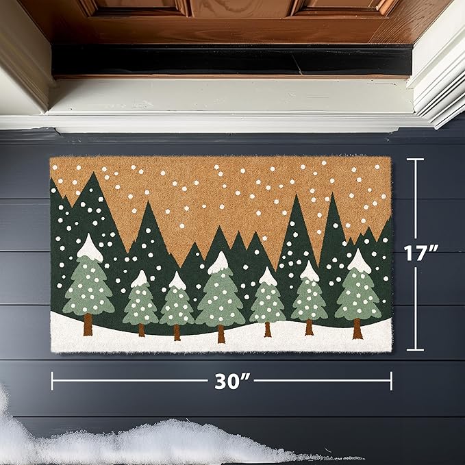 Barnyard Designs Natural Coco Coir Christmas Doormat - Large Cute Non-Slip Heavy Duty Backing Door Mat for Outside Entrance or Porch Entry, Brown (17x30, Winter Snow Forest)-Ruum Studio Home