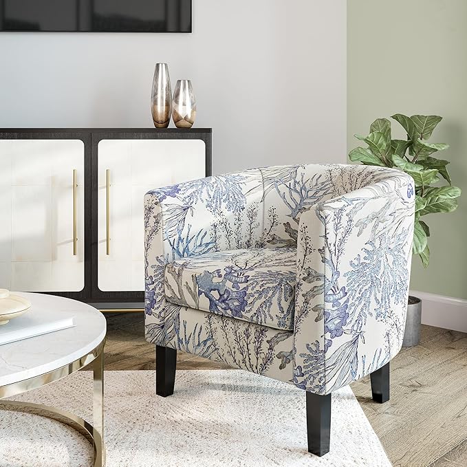 BELLEZE Living Room Chair, Linen Round Accent Barrel Chair, Club Tub Sofa Chair for Bedroom, Corner Chair with Flared Legs and Cozy Soft Padding - Highland (Blue Coral)-Ruum Studio Home
