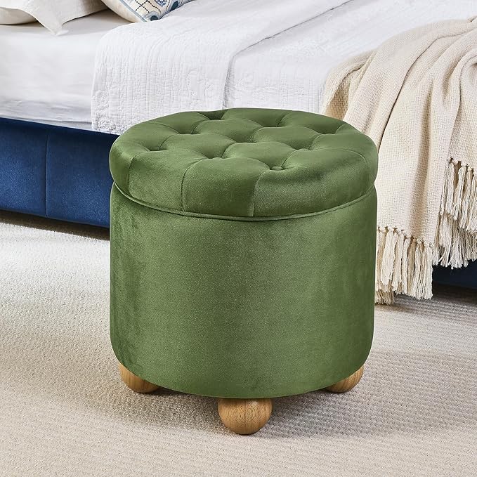 Furniliving Upholstered Button Tufted Round Ottoman, Velvet Storage Ottomans Round, Removable Lid Convenient Footstools, Bedroom Ottoman with Storage for Vanity, Living Room, Green-Ruum Studio Home
