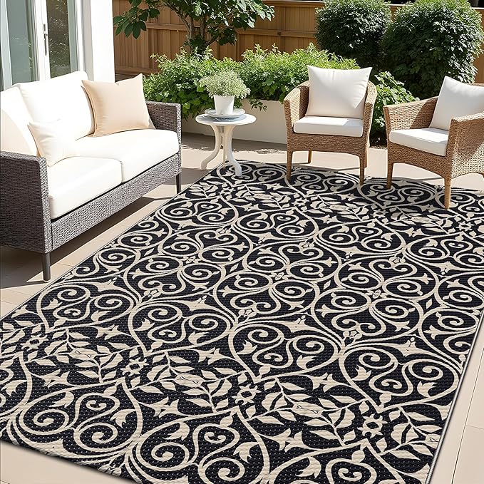 OLANLY Outdoor Rug Waterproof 5x8 ft Clearance, Reversible Outdoor Plastic Straw Rug with Floral Pattern, RV Mat for Patio, Camping, Balcony, Deck, Backyard, Black & Beige-Ruum Studio Home