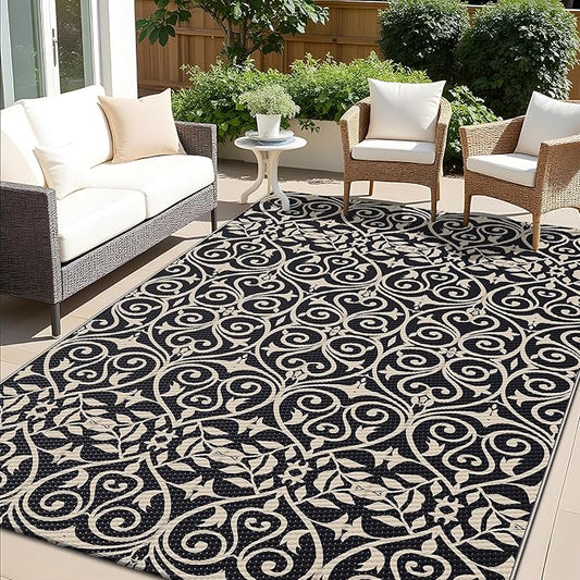 OLANLY Outdoor Rug Waterproof 5x8 ft Clearance, Reversible Outdoor Plastic Straw Rug with Floral Pattern, RV Mat for Patio, Camping, Balcony, Deck, Backyard, Black & Beige-Ruum Studio Home