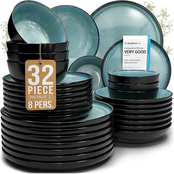 32 Piece Dinnerware Sets for 8 - Modern Style Stoneware Dinnerware Set - Scratch Resistant, Dishwasher Safe Plates and Bowls Sets Ceramic, Dish Set, Bowl and Plate Set - Black and Petrol Blue…-Ruum Studio Home