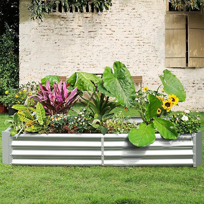 Land Guard 8×4×1ft Galvanized Metal Raised Garden Bed, Metal Planter Kit Box Outdoor for Deep-Rooted Vegetables, Flowers, Green and Herbs……-Ruum Studio Home