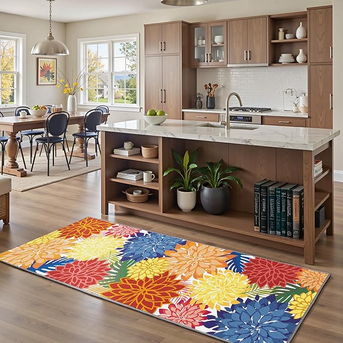 Area Rug 2x6 Washable Entry Rug Multicolored Tropical Botanical Modern Floral Indoor Kitchen Door Mat Entrance Carpet Non Slip for Bedroom Living Room, Porch-Ruum Studio Home