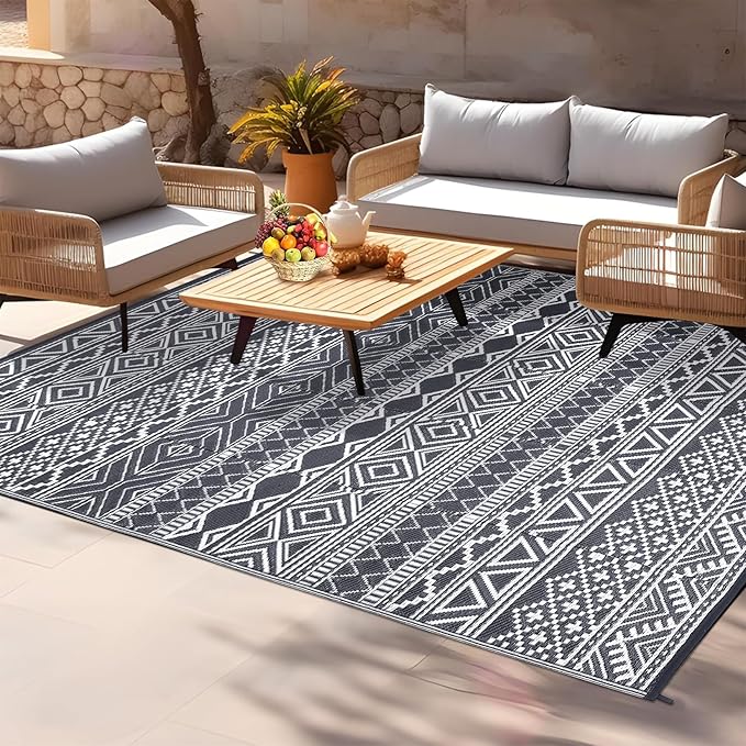 GAOMON Outdoor Rug Waterproof 8'x10', Reversible Outdoor Plastic Straw Rug, Boho Patio Rug, Indoor Outdoor Carpet, RV Mat Outside for Patio, Camp, Picnic, Balcony, Deck, Grey/White(Bohemia)-Ruum Studio Home