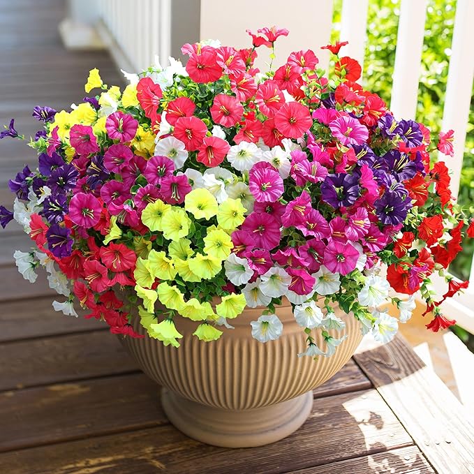 Artificial Flowers for Outdoors Fake Plants Outside Decoration, 12 Bundles Silk Colorful Morning Glory with Eucalyptus UV Resistant Realistic Faux Flowers for Planter Porch Patio Yard Garden-Ruum Studio Home